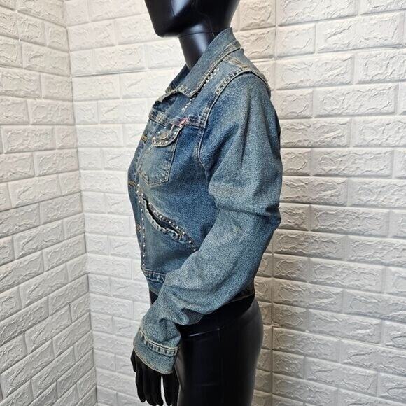 GI and Jo Womens jean jacket M studded graphic ZA - Picture 8 of 9